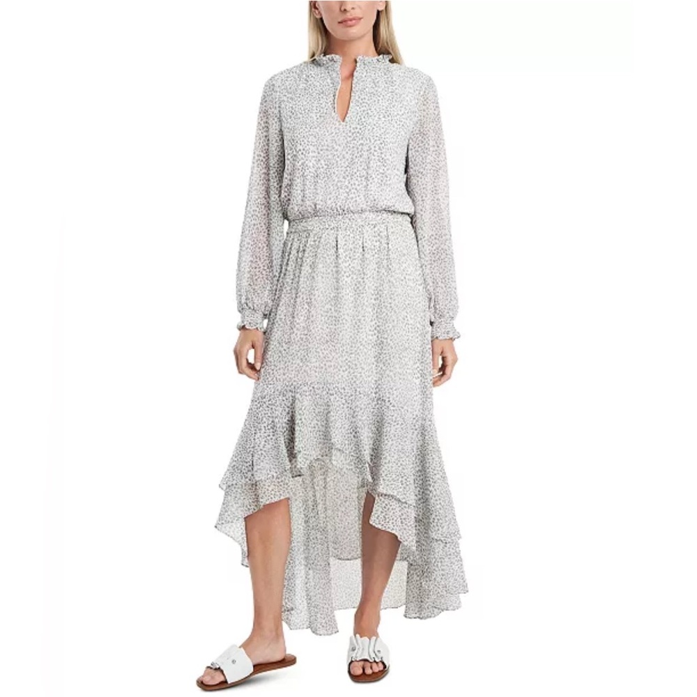 1.STATE Snow Leopard Ruffle Tiered V-Neck High-Low Dress Smocked Waist 2X